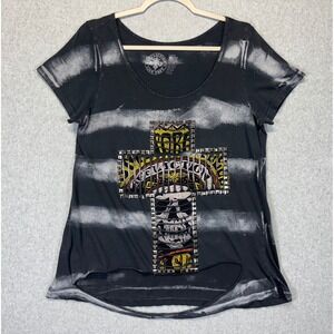 Affliction Live Fast Womens Large Black Striped Studded Skull Cross T-Shirt Y2K